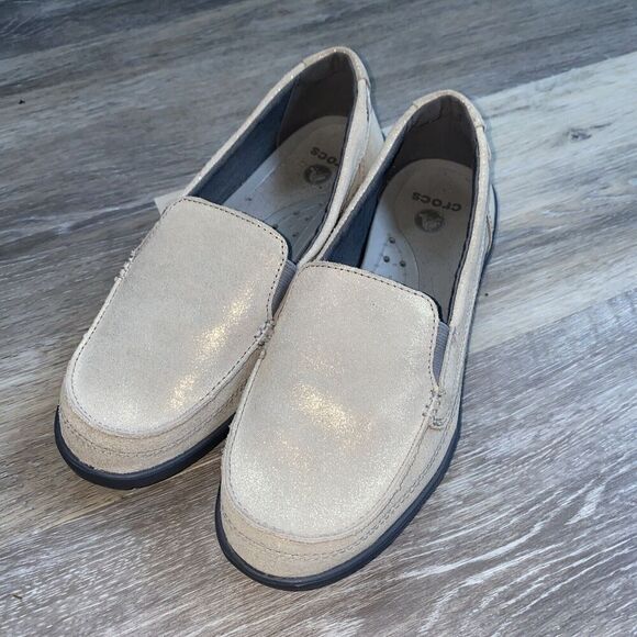 Crocs Walu Slip On Women’s Shoes Shimmer Glittery Metallic Gold Size 9 Moc Toe - Picture 1 of 8